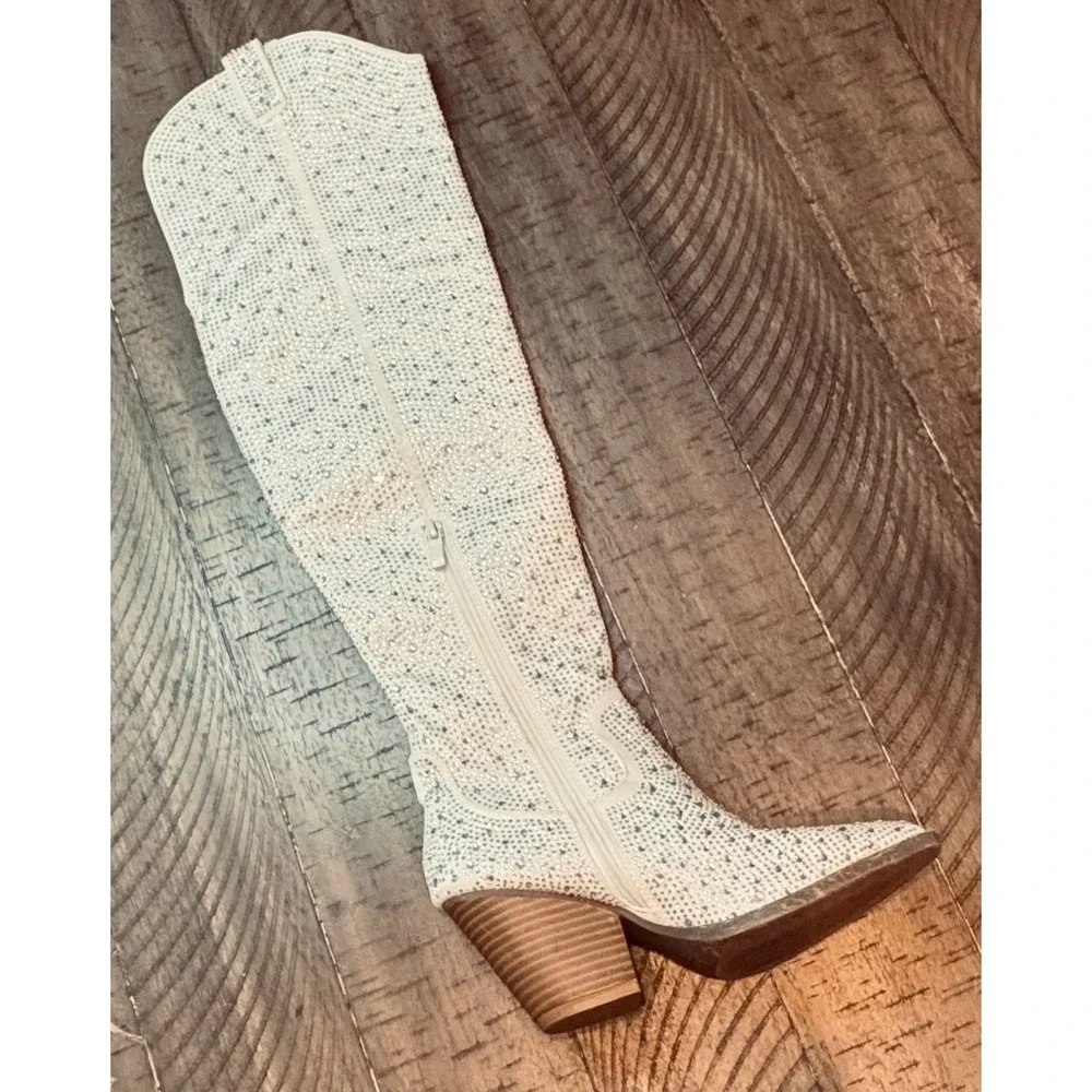 Forever White Rhinestone Over The Knee Western Cowgirl Boots Pointed Toe Heel 9